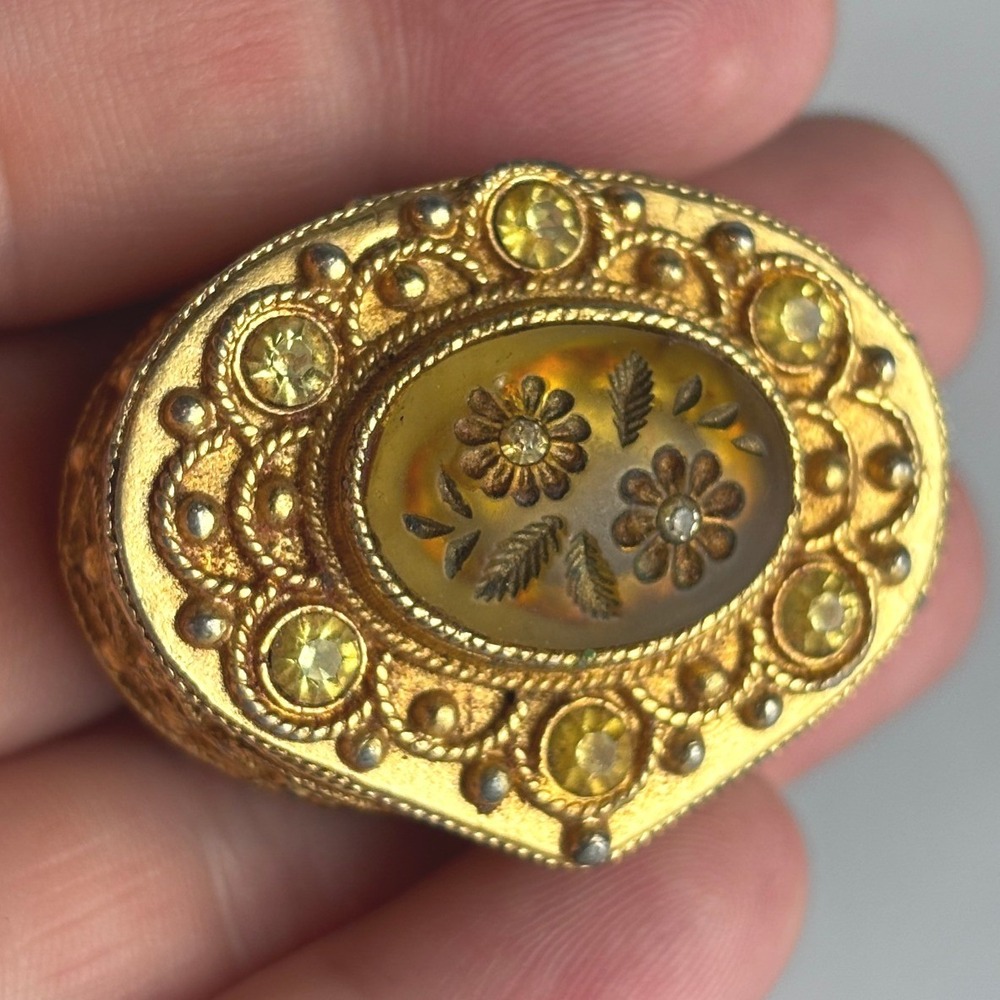 Vintage Florenza Gold Tone Pill Box Amber Glass Floral Intaglio Rhinestones